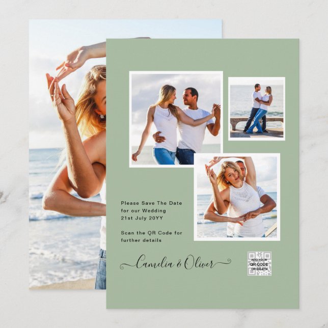 Invitación de boda con código QR de RSVP verde fot (Anverso / Reverso)