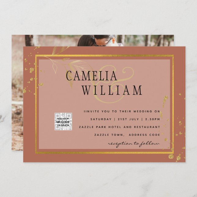 Invitación de boda con código QR de terracota para (Anverso / Reverso)
