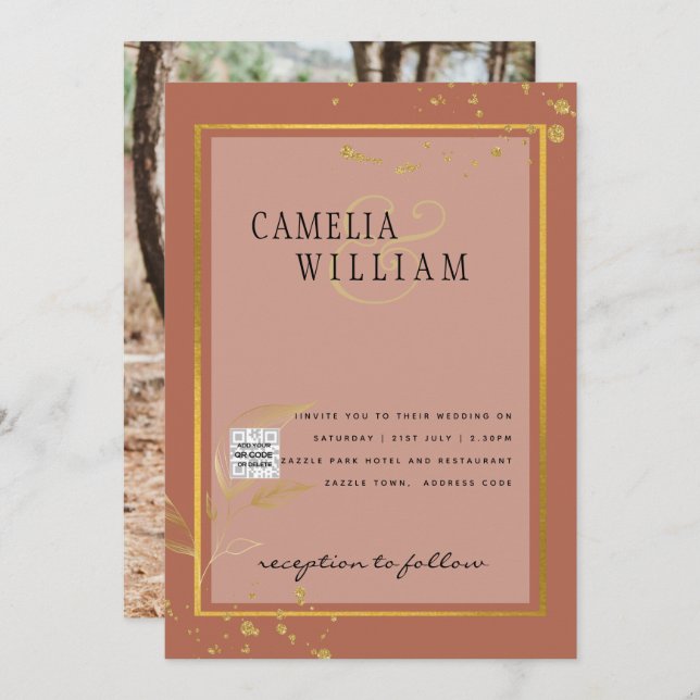 Invitación de boda con código QR de terracota para (Anverso / Reverso)