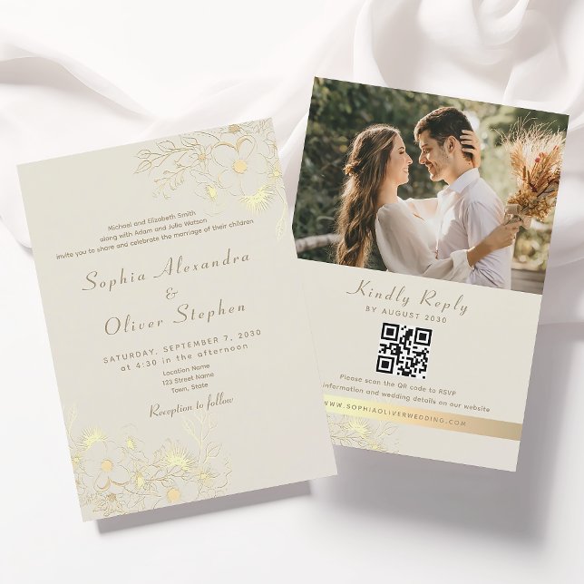 Invitación de boda con código QR en oro floral mar (Subido por el creador)