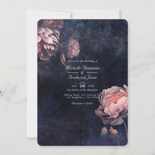 Invitación de boda con código QR floral de Peonía  (Anverso)