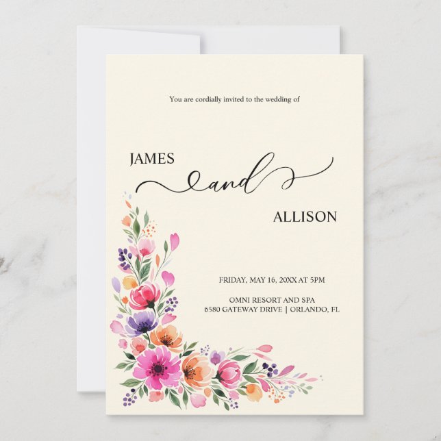 Invitación de boda con código QR floral fucsia vib (Anverso)