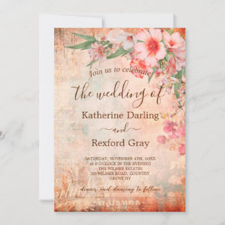 Invitación de boda con código QR floral rosa vinta