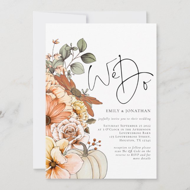 Invitación de boda con código QR Florals Pumpkin A (Anverso)