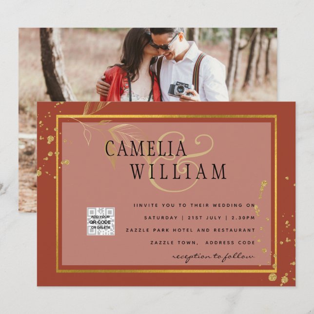 Invitación de boda con código QR para guardar la f (Anverso / Reverso)