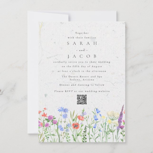 Invitación de boda con código QR para jardín boho  (Anverso)