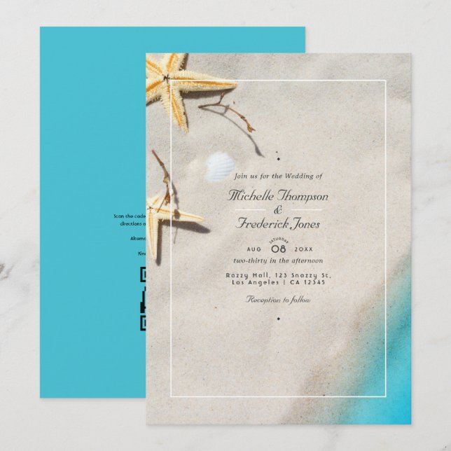 Invitación de boda con código QR RSVP de playa de  (Anverso / Reverso)