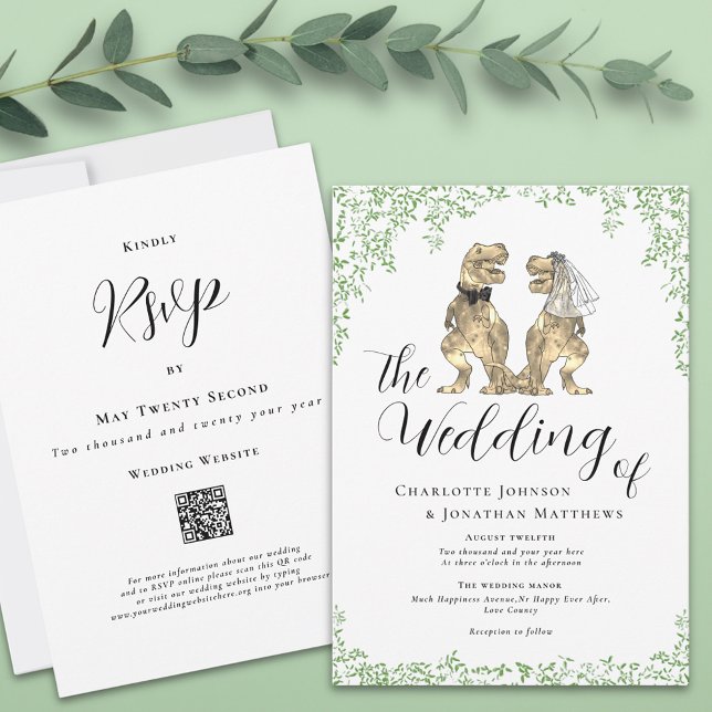 Invitación de boda con código QR tema de dinosauri (Dinosaur theme wedding qr code invitation watercolor eucalyptus foliage elegant script T-Rex dino)