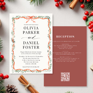Invitación de boda con código QR, vegetación, lazo