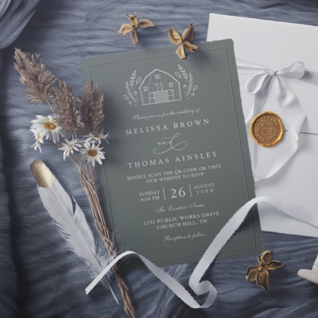 Invitación de boda con código QR verde salvia gran (Subido por el creador)