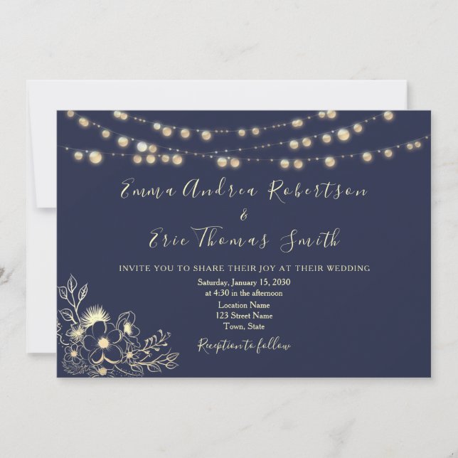 Invitación de boda con código QR y luces de cuerda (Anverso)