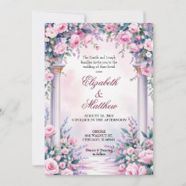 Invitación de boda con columna de rosa rosa etérea
