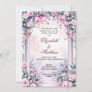 Invitación de boda con columna de rosa rosa etérea