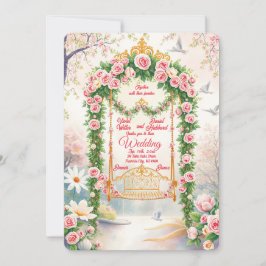 Invitación de boda con columpio floral dorado