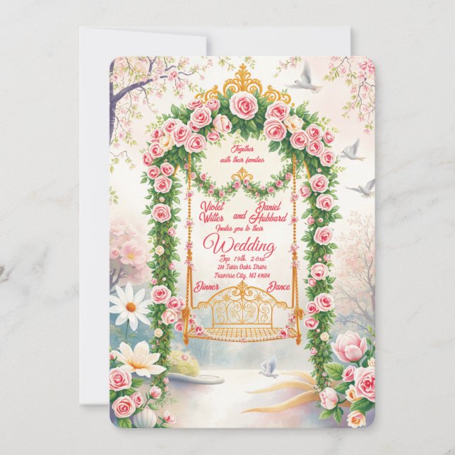 Invitación de boda con columpio floral dorado (Anverso)