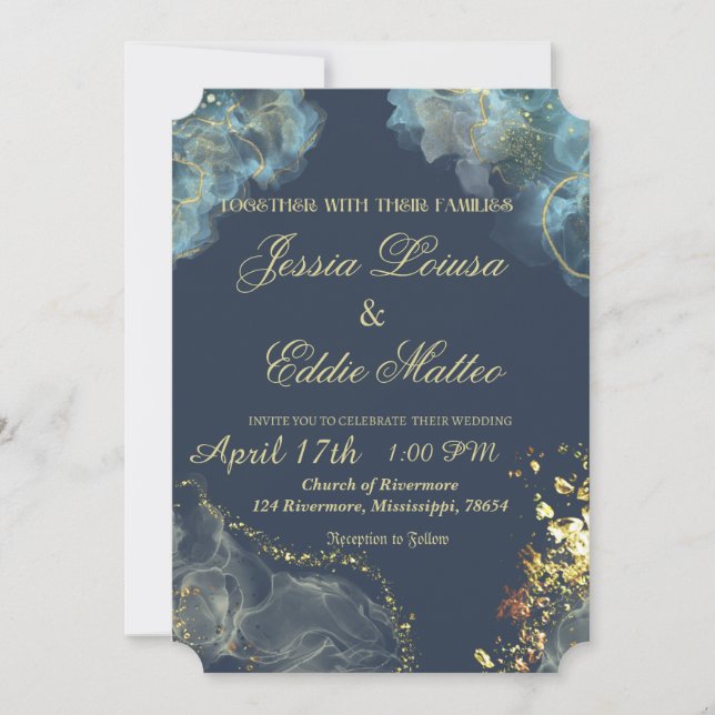 Invitación de boda con concha de almeja en oro y a (Anverso)