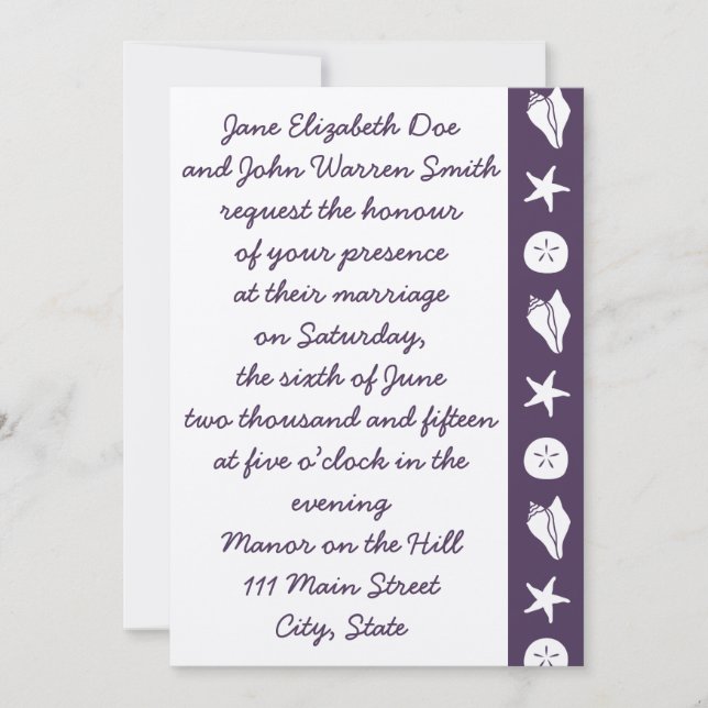 Invitación de boda con conchas de verano en púrpur (Anverso)
