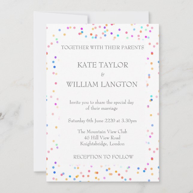 Invitación de boda con confeti de arcoíris románti (Anverso)