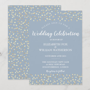 Invitación de boda con confeti de corazones azul p
