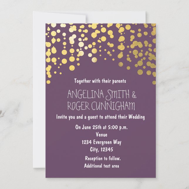 Invitación de boda con confeti de papel de oro púr (Anverso)