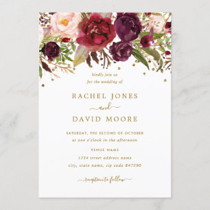 Invitación de boda con confeti dorado y borgoña fl