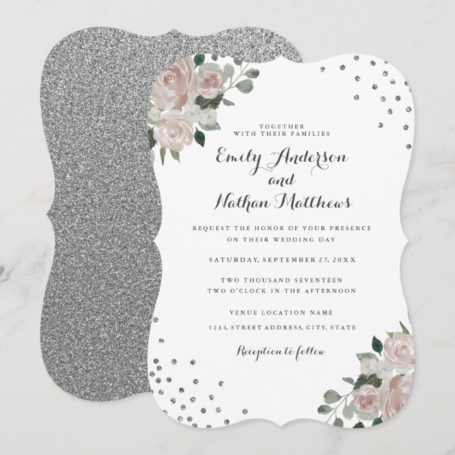 Invitación de boda con confeti floral plateado son (Anverso / Reverso)