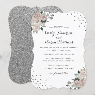 Invitación de boda con confeti floral plateado son