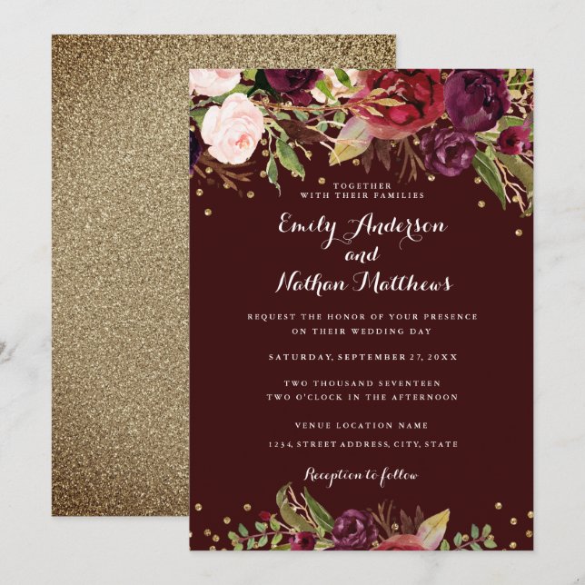 Invitación de Boda con Confeti Floral Rojo Borgoña (Anverso / Reverso)