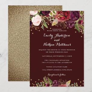 Invitación de Boda con Confeti Floral Rojo Borgoña