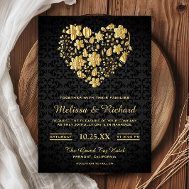 Invitación de boda con corazón de oro falso floral
