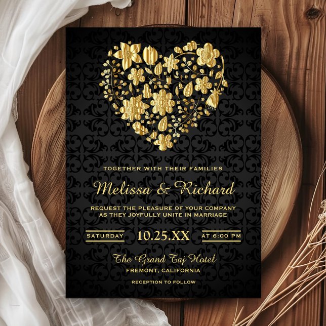 Invitación de boda con corazón de oro falso floral (Subido por el creador)