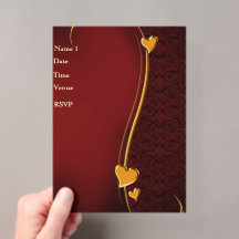 Invitación de boda con corazón de rojo y dorado el