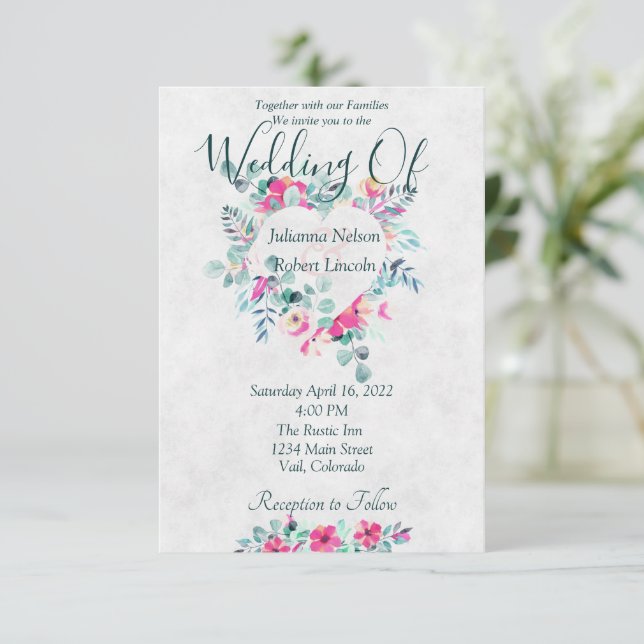 Invitación de boda con corazón floral de acuarela  (Anverso de pie)
