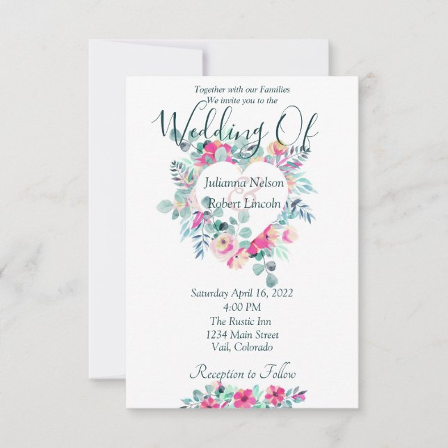 Invitación de boda con corazón floral de acuarela  (Anverso)