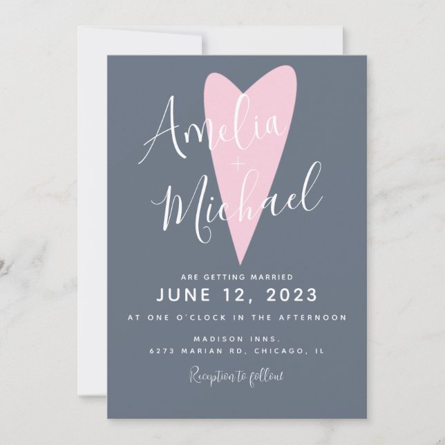 Invitación de boda con corazón rosa azul moderno a (Anverso)