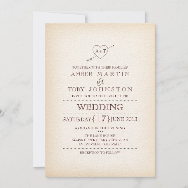 Invitación de boda con corazón y flecha rústica (Anverso)