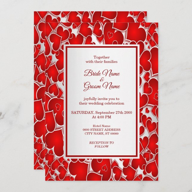 Invitación de boda con corazones rojos elegantes (Anverso / Reverso)