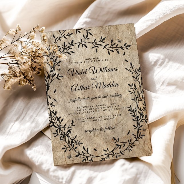 Invitación de boda con corona botánica vintage (Subido por el creador)