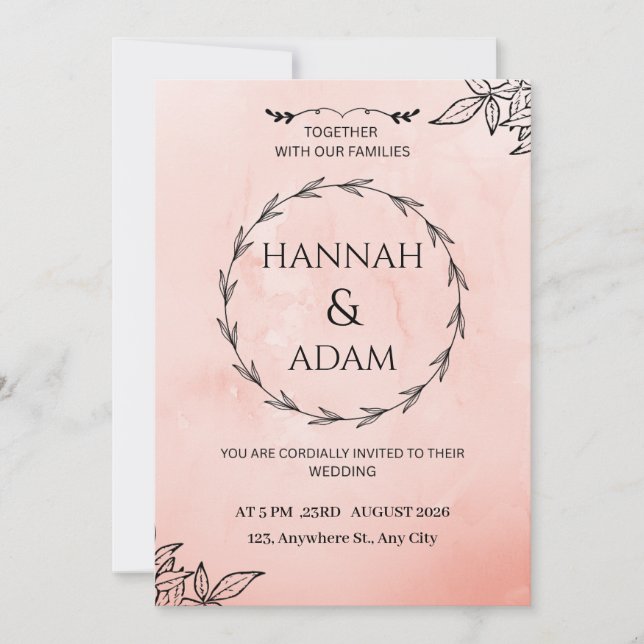 Invitación de boda con corona de acuarela rosa rub (Anverso)