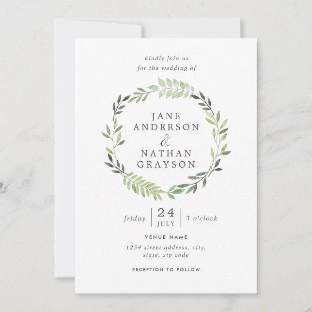Invitación de boda con corona de hojas en acuarela (Anverso)