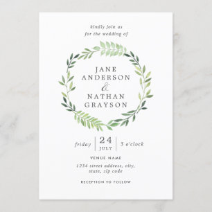 Invitación de boda con corona de hojas en acuarela