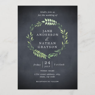 Invitación de boda con corona de hojas y pizarra r