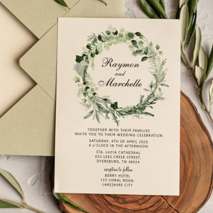 Invitación de boda con corona de vegetación tropic