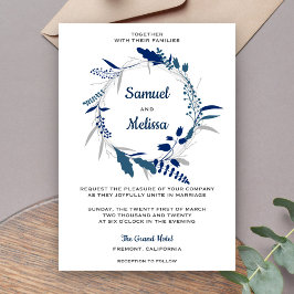 Invitación de boda con corona floral azul elegante