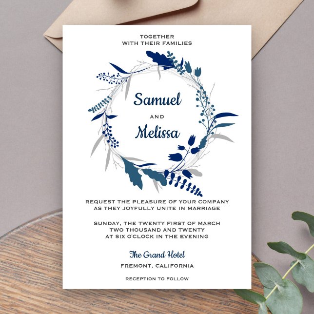 Invitación de boda con corona floral azul elegante (Subido por el creador)