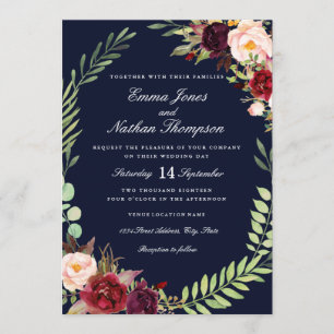 Invitación de boda con corona floral de color burd