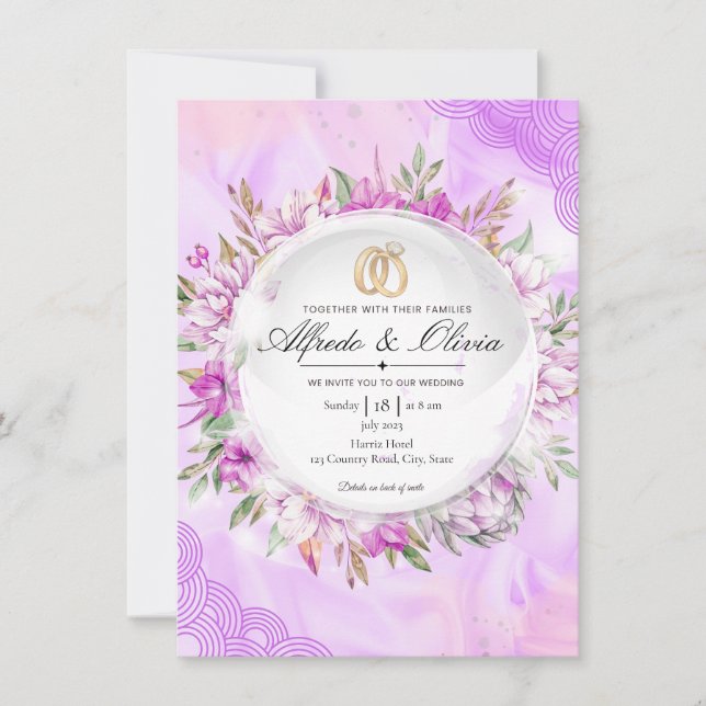 Invitación de boda con corona floral de seda lavan (Anverso)