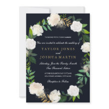 Invitación de boda con corona floral rosa marino y