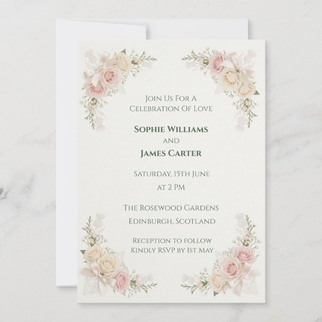 Invitación de boda con corona floral rosada (Anverso)