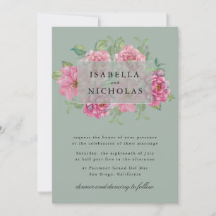 Invitación de boda con corona floral sobre fondo v